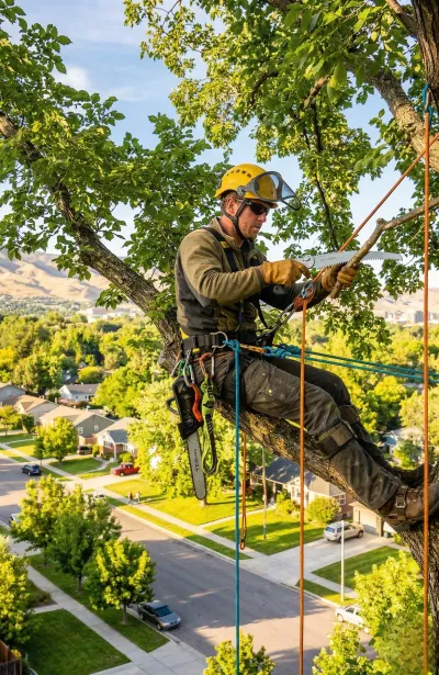 Professional arborist trimming a mature elm tree in a Boise Idaho neighborhood